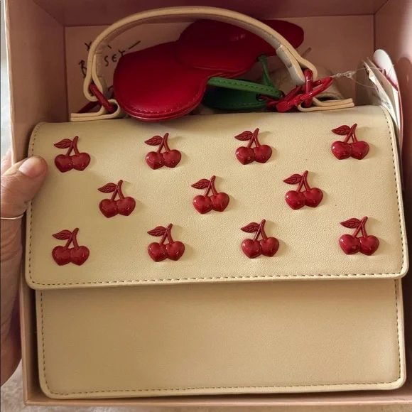 Betsey Johnson Cherry Mini Bag and Cherry Bag Charm Gift Set Cream and Red - Picture 5 of 8